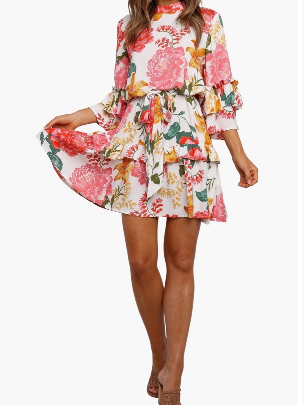 Petal & Pup Pink Floral Ruffle Tie-Waist Mini Dress M